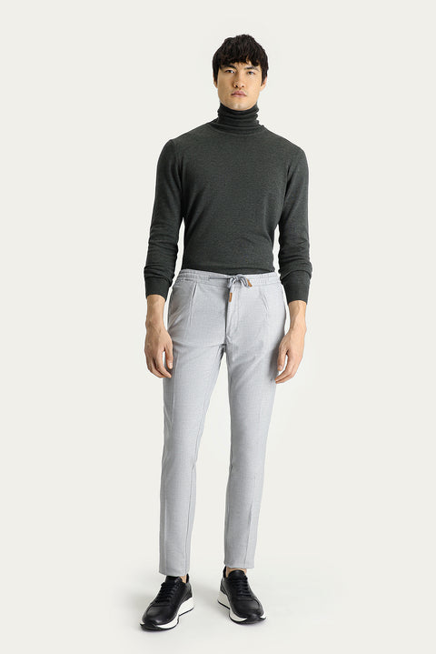 Açık Gri Slim Fit Dar Kesim Beli Lastikli İpli Desenli Likralı Pantolon