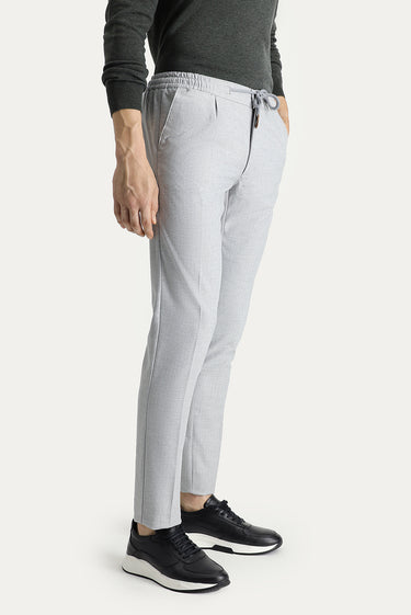 Açık Gri Slim Fit Dar Kesim Beli Lastikli İpli Desenli Likralı Pantolon