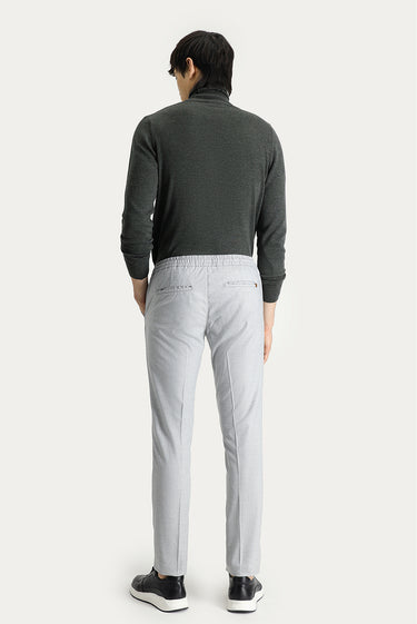 Açık Gri Slim Fit Dar Kesim Beli Lastikli İpli Desenli Likralı Pantolon