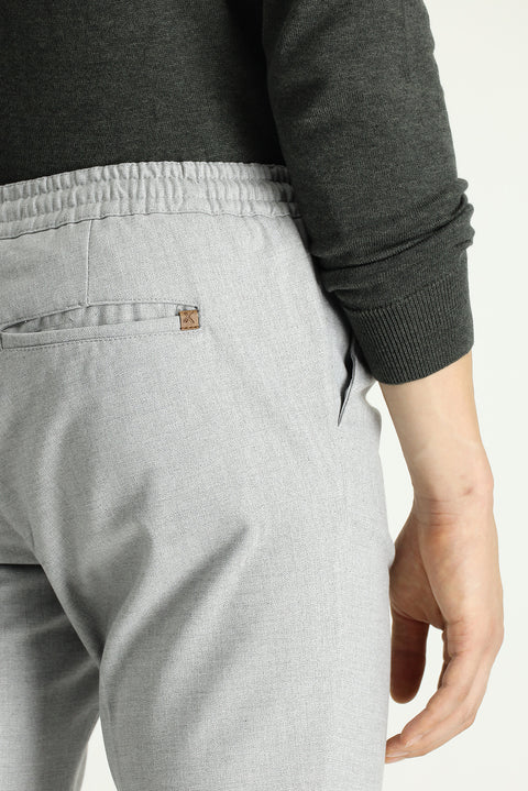 Açık Gri Regular Fit Standart Kesim Beli Lastikli İpli Desenli Likralı Pantolon