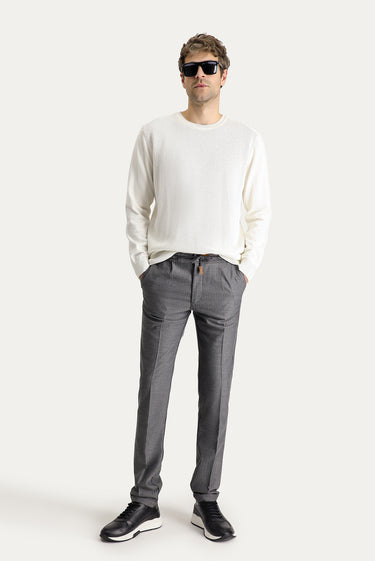Orta Füme Slim Fit Dar Kesim Beli Lastikli İpli Desenli Likralı Pantolon