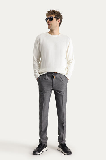 Orta Füme Slim Fit Dar Kesim Beli Lastikli İpli Desenli Likralı Pantolon