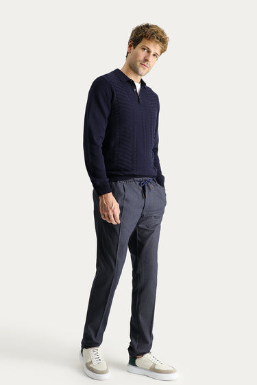 Koyu Lacivert 6 Drop Regular Fit Standart Kesim Beli Lastikli İpli Desenli Likralı Pantolon