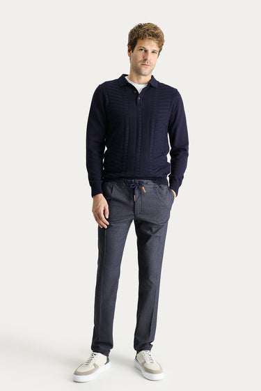 Koyu Lacivert Regular Fit Beli Lastikli İpli Desenli Likralı Pantolon