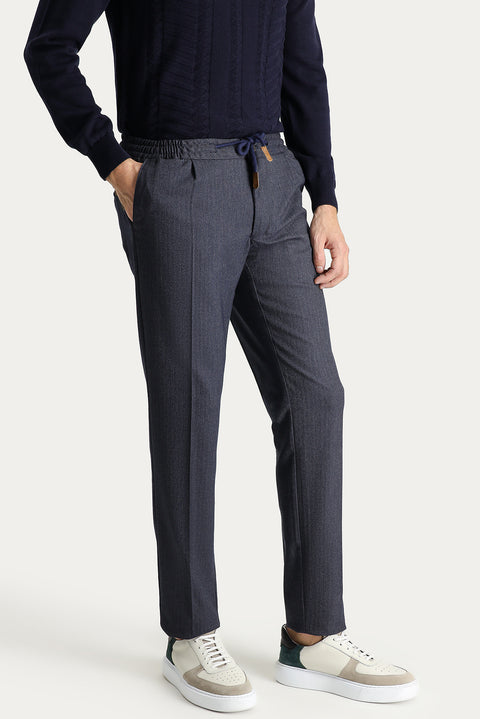 Koyu Lacivert Regular Fit Standart Kesim Beli Lastikli İpli Desenli Likralı Pantolon