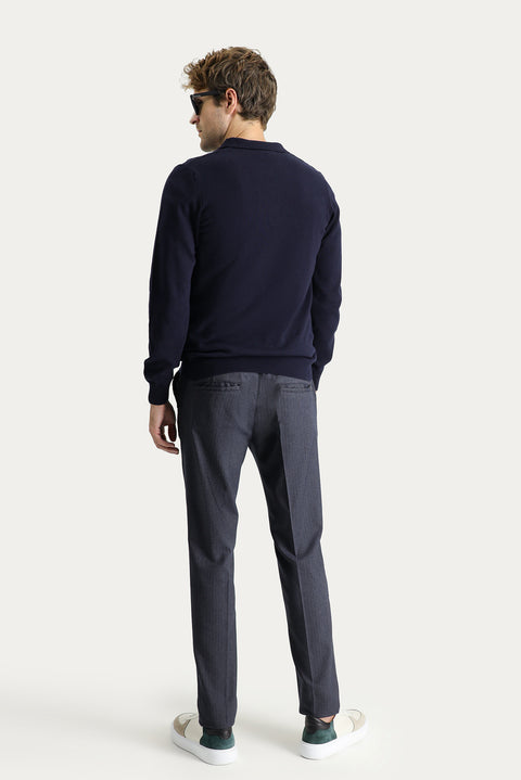 Koyu Lacivert Regular Fit Standart Kesim Beli Lastikli İpli Desenli Likralı Pantolon
