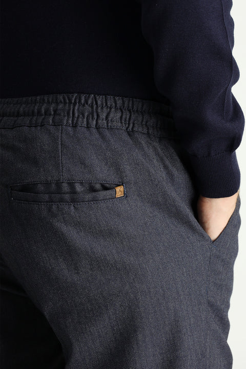 Dark Navy Regular Fit Standard Cut Elastic Waist Drawstring Patterned Lycra Trousers