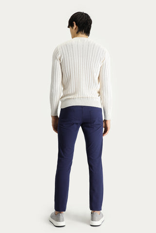  Koyu Lacivert 7 Drop Slim Fit Dar Kesim Desenli Likral? Kanvas / Chino Pantolon-Ki??l?