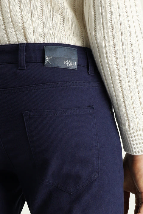 Koyu Lacivert 7 Drop Slim Fit Dar Kesim Desenli Likralı Kanvas / Chino Pantolon
