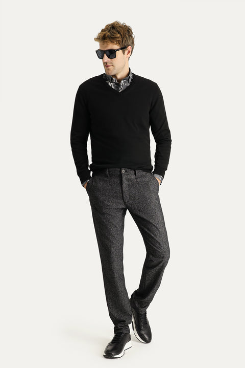 Siyah Regular Fit Standart Kesim Desenli Likralı Kanvas / Chino Pantolon