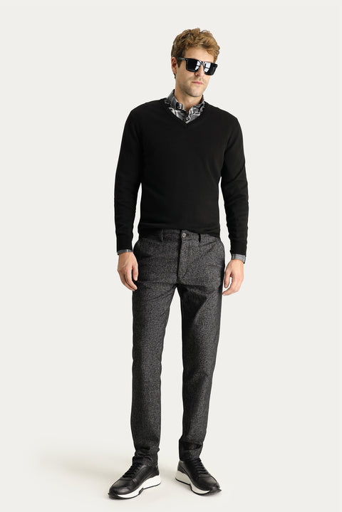 Siyah Regular Fit Standart Kesim Desenli Likralı Kanvas / Chino Pantolon