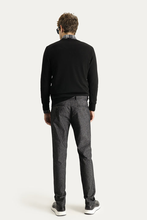 Siyah Regular Fit Standart Kesim Desenli Likralı Kanvas / Chino Pantolon