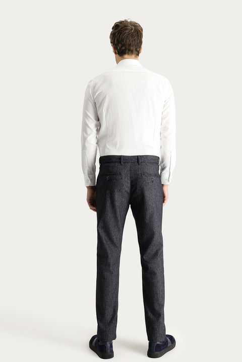 Dark Navy Regular Fit Standard Cut Patterned Lycra Canvas / Chino Trousers