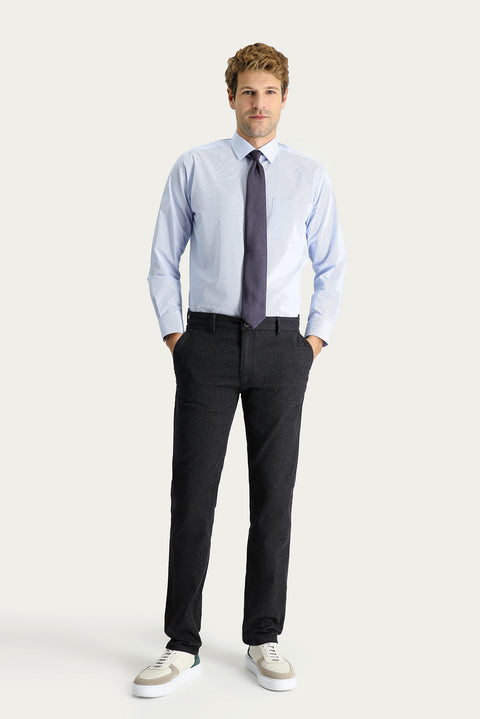 Black Slim Fit Narrow Cut Patterned Lycra Canvas / Chino Trousers