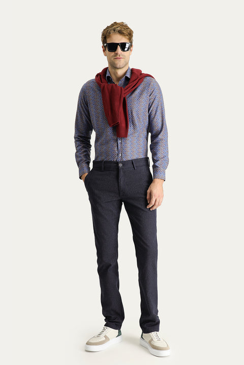 Koyu Lacivert Slim Fit Dar Kesim Desenli Likralı Kanvas / Chino Pantolon