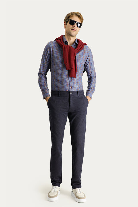 Koyu Lacivert 6 Drop Regular Fit Standart Kesim Desenli Likralı Kanvas / Chino Pantolon