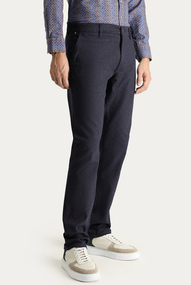  Koyu Lacivert Slim Fit Dar Kesim Desenli Likralı Kanvas / Chino Pantolon