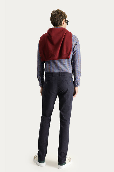 Koyu Lacivert Slim Fit Dar Kesim Desenli Likralı Kanvas / Chino Pantolon
