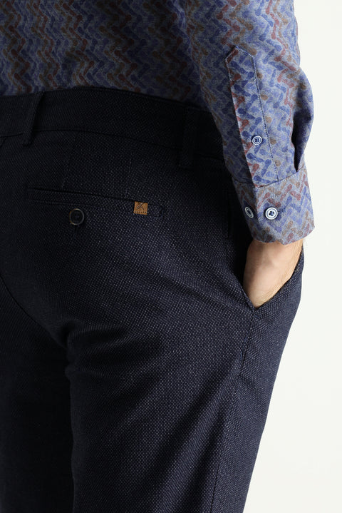 Koyu Lacivert 6 Drop Regular Fit Standart Kesim Desenli Likralı Kanvas / Chino Pantolon