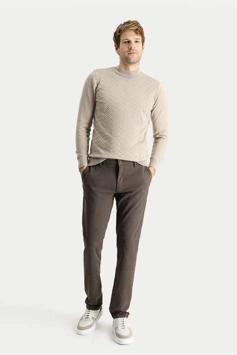 Dark Green Regular Fit Standard Cut Patterned Lycra Canvas / Chino Trousers
