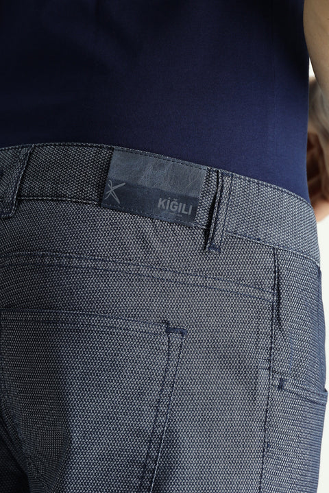 Orta Lacivert 6 Drop Regular Fit Standart Kesim Desenli Likralı Kanvas / Chino Pantolon