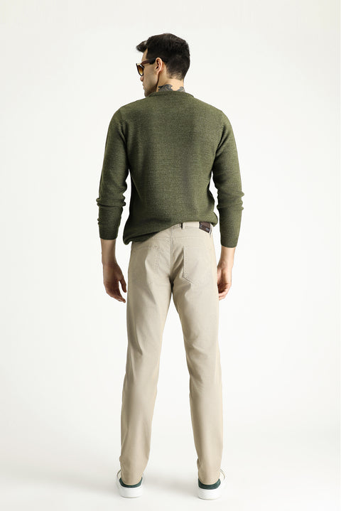 Mid Beige Regular Fit Standard Cut Patterned Lycra Canvas / Chino Trousers