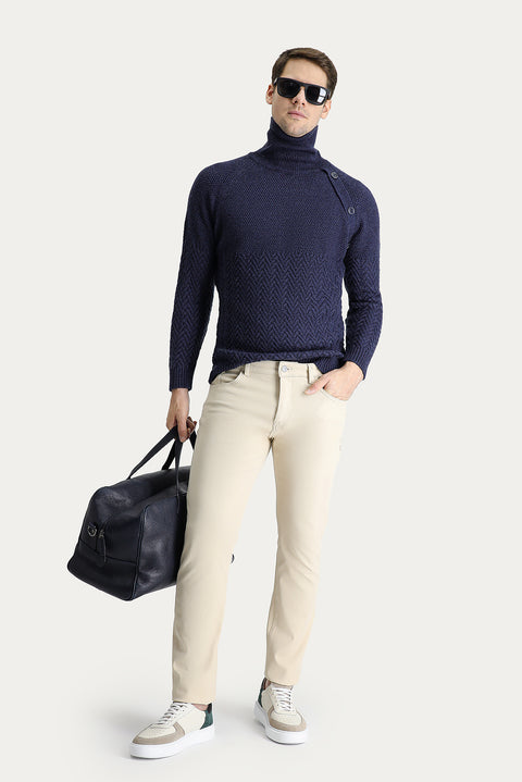 Açık Bej Slim Fit Dar Kesim Desenli Likralı Kanvas / Chino Pantolon