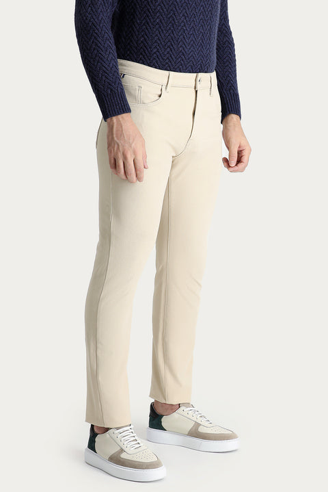 Light Beige Slim Fit Narrow Cut Patterned Lycra Canvas / Chino Pants