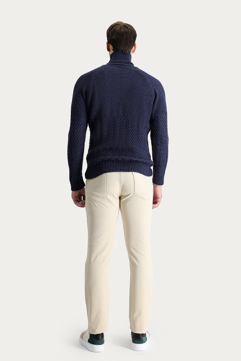 Açık Bej Slim Fit Dar Kesim Desenli Likralı Kanvas / Chino Pantolon
