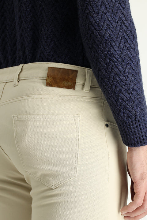 Açık Bej Regular Fit Standart Kesim Desenli Likralı Kanvas / Chino Pantolon