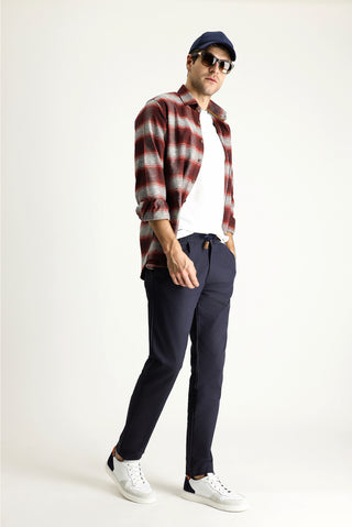  Koyu Lacivert 7 Drop Slim Fit Dar Kesim Beli Lastikli İpli Desenli Likralı Pantolon