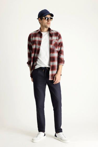  Koyu Lacivert Slim Fit Dar Kesim Beli Lastikli İpli Desenli Likralı Pantolon