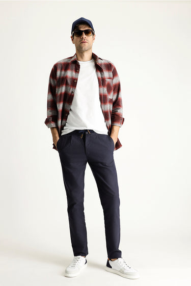  Koyu Lacivert Slim Fit Dar Kesim Beli Lastikli İpli Desenli Likralı Pantolon