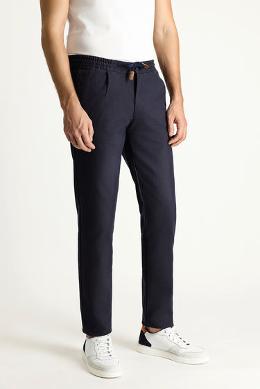  Koyu Lacivert Slim Fit Dar Kesim Beli Lastikli İpli Desenli Likralı Pantolon