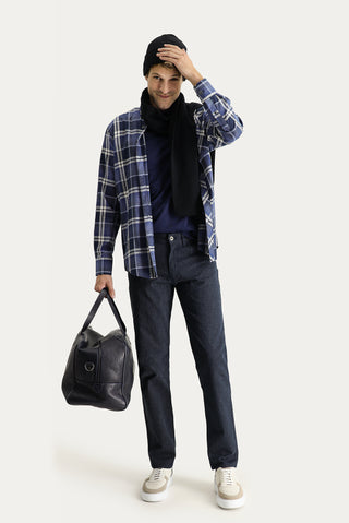  Koyu Lacivert 7 Drop Slim Fit Dar Kesim Çizgili Likralı Kanvas / Chino Pantolon