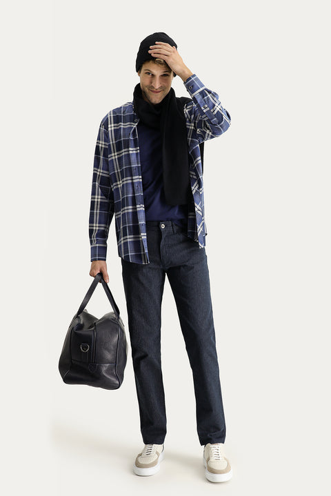 Koyu Lacivert 7 Drop Slim Fit Dar Kesim Çizgili Likralı Kanvas / Chino Pantolon