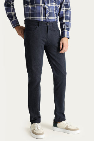 Koyu Lacivert 7 Drop Slim Fit Dar Kesim Çizgili Likralı Kanvas / Chino Pantolon