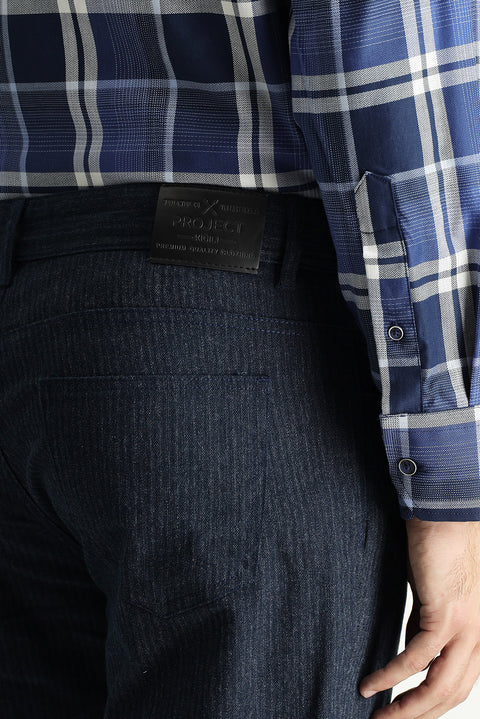 Koyu Lacivert Slim Fit Dar Kesim Çizgili Likralı Kanvas / Chino Pantolon