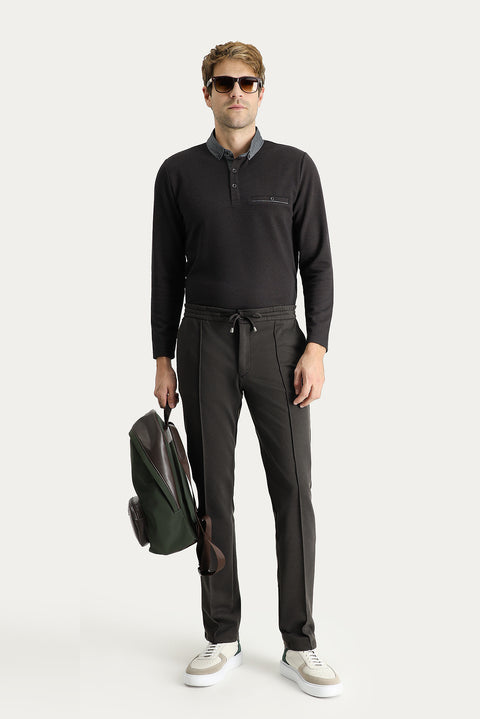 Acı Kahve Slim Fit Dar Kesim Beli Lastikli İpli Likralı Örme Pantolon