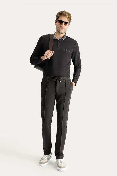 Acı Kahve Regular Fit Standart Kesim Beli Lastikli İpli Likralı Örme Pantolon