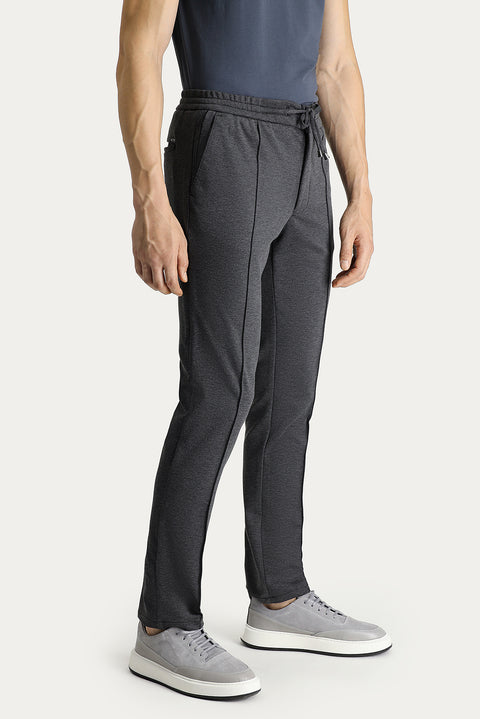 Dark Anthracite Regular Fit Standard Cut Elasticated Waist Drawstring Stretchy Knit Trousers