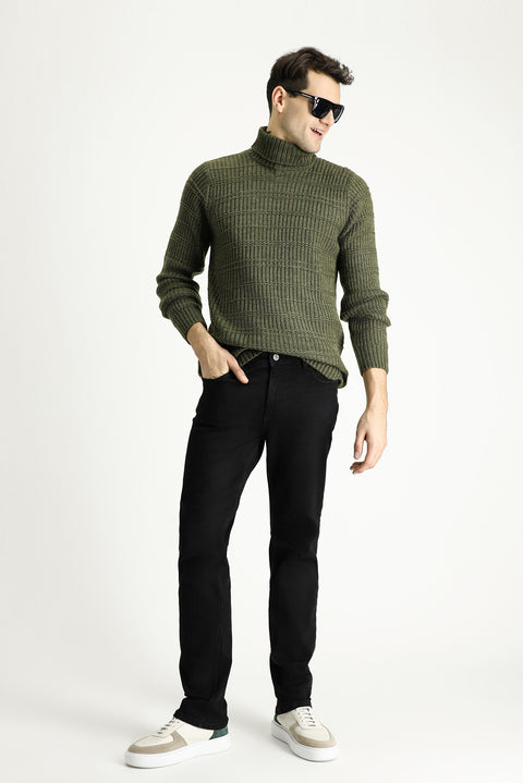 Black Slim Fit Narrow Cut Elasticated Waist Drawstring Lycra Knit Canvas / Chino Trousers