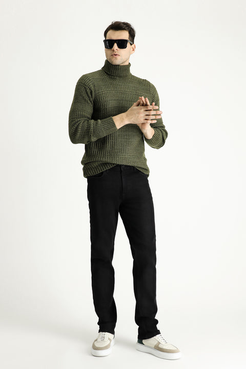 Black Slim Fit Narrow Cut Elasticated Waist Drawstring Lycra Knit Canvas / Chino Trousers