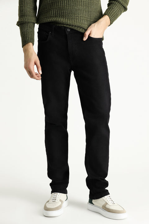 Black Slim Fit Narrow Cut Elasticated Waist Drawstring Lycra Knit Canvas / Chino Trousers