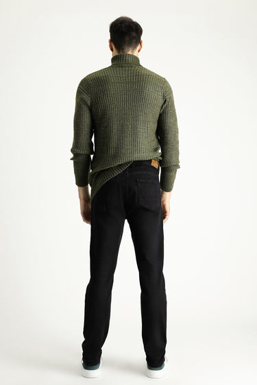Siyah Slim Fit Dar Kesim Beli Lastikli İpli Likralı Örme Kanvas / Chino Pantolon