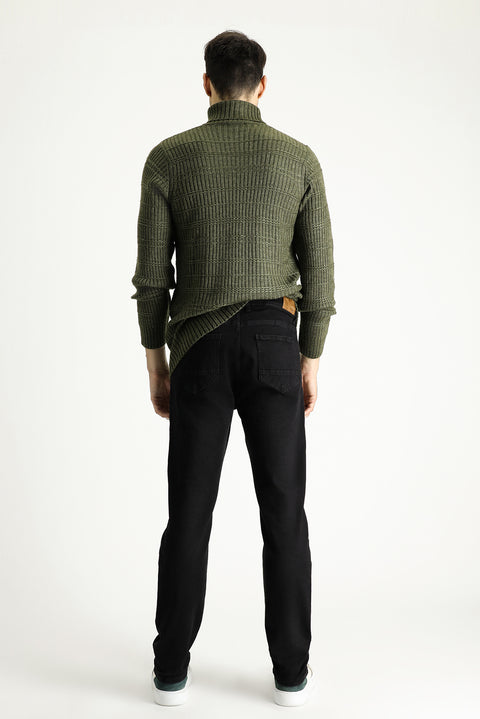 Black Slim Fit Narrow Cut Elasticated Waist Drawstring Lycra Knit Canvas / Chino Trousers