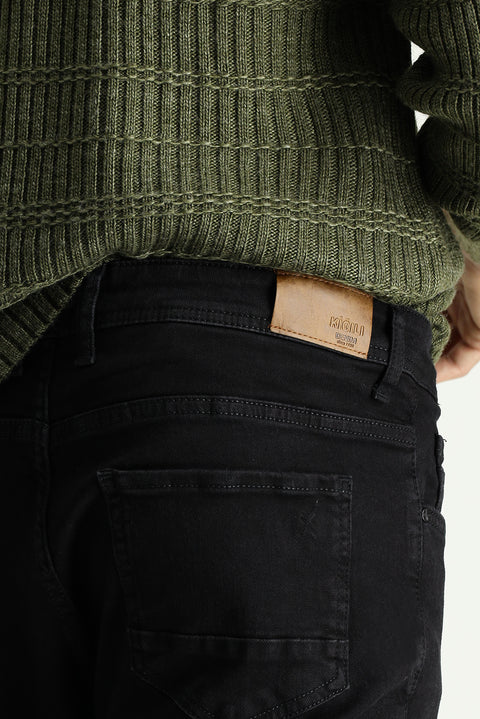 Black Slim Fit Narrow Cut Elasticated Waist Drawstring Lycra Knit Canvas / Chino Trousers