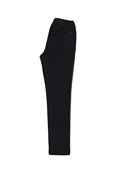 Koyu Lacivert Slim Fit Dar Kesim Beli Lastikli İpli Likralı Örme Kanvas / Chino Pantolon