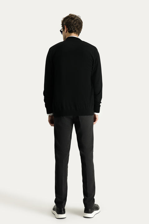 Dark Anthracite Slim Fit Drawstring Waist Stretchy Knitted Canvas / Chino Trousers