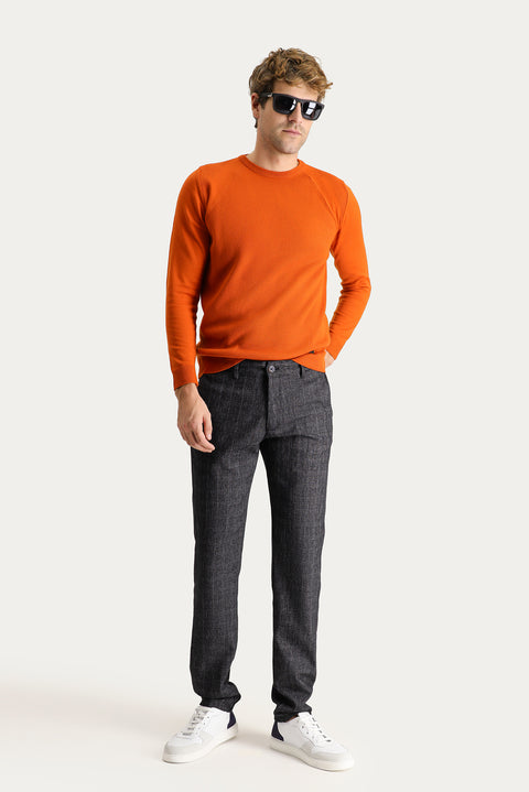 Dark Navy Blue Slim Fit Plaid Lycra Canvas / Chino Pants